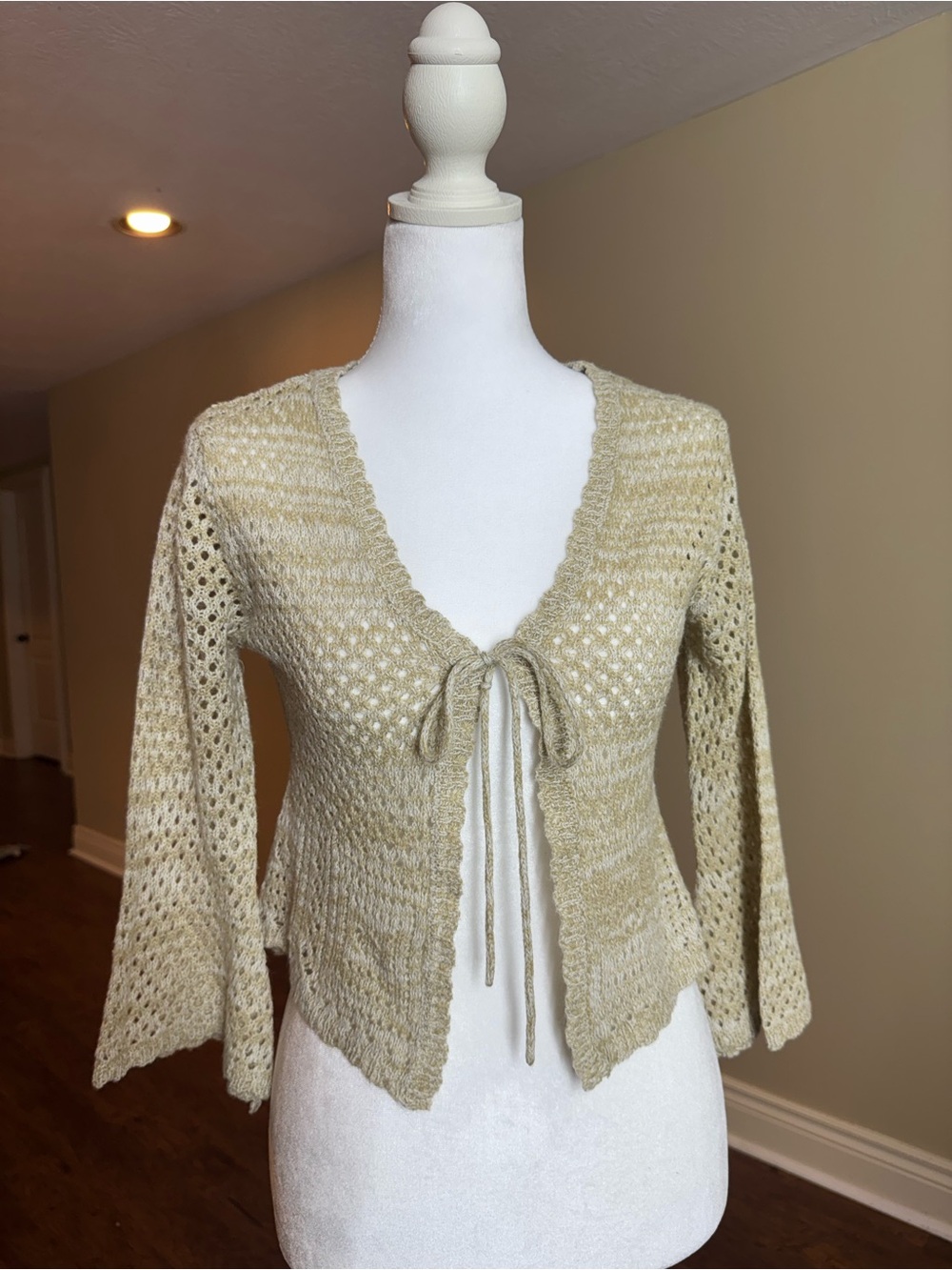 Knit Tie-Front Crochet Cardigan Sweater in Light Olive